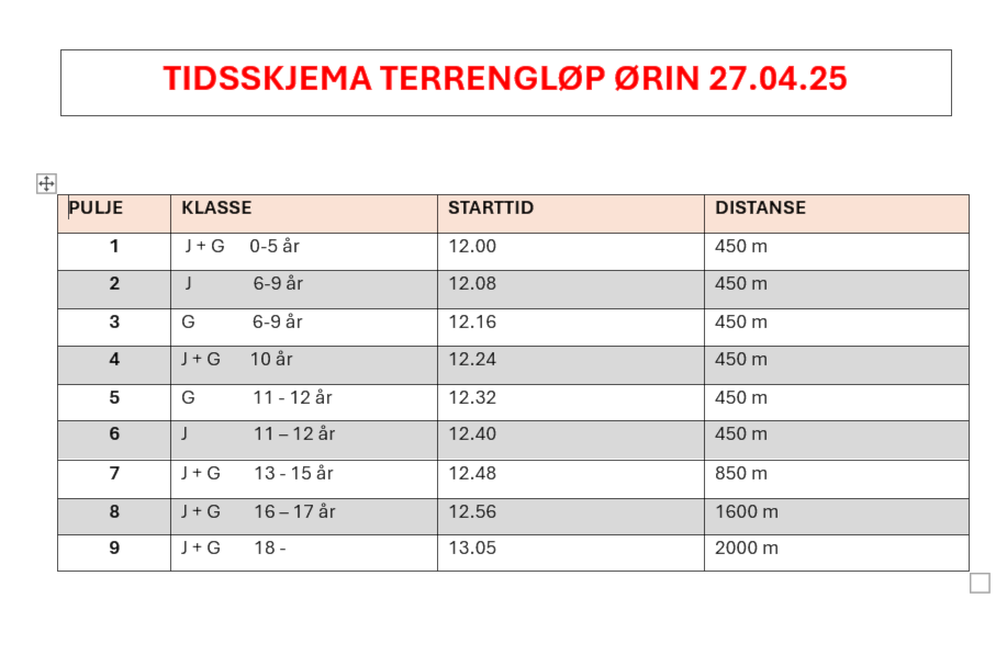 Tidsskjema terrengløp i morgen!